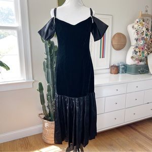 Vintage Off Shoulder Evening Gown Black Velvet / Satin Taffeta with Rhinestones